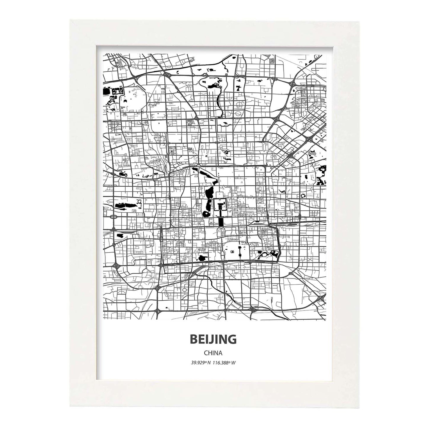 Poster con mapa de Beijing - China. Láminas de ciudades de Asia con mares y ríos en color negro.-Artwork-Nacnic-A4-Marco Blanco-Nacnic Estudio SL