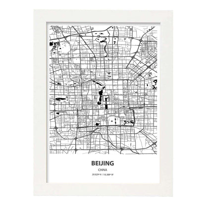 Poster con mapa de Beijing - China. Láminas de ciudades de Asia con mares y ríos en color negro.-Artwork-Nacnic-A4-Marco Blanco-Nacnic Estudio SL