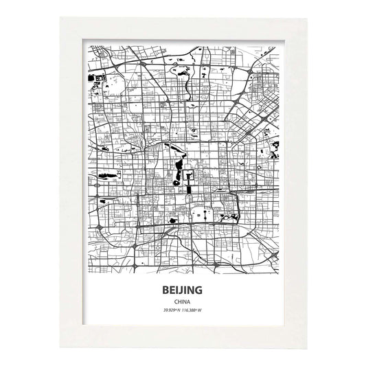 Poster con mapa de Beijing - China. Láminas de ciudades de Asia con mares y ríos en color negro.-Artwork-Nacnic-A4-Marco Blanco-Nacnic Estudio SL