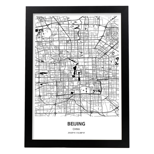 Poster con mapa de Beijing - China. Láminas de ciudades de Asia con mares y ríos en color negro.-Artwork-Nacnic-A4-Marco Negro-Nacnic Estudio SL