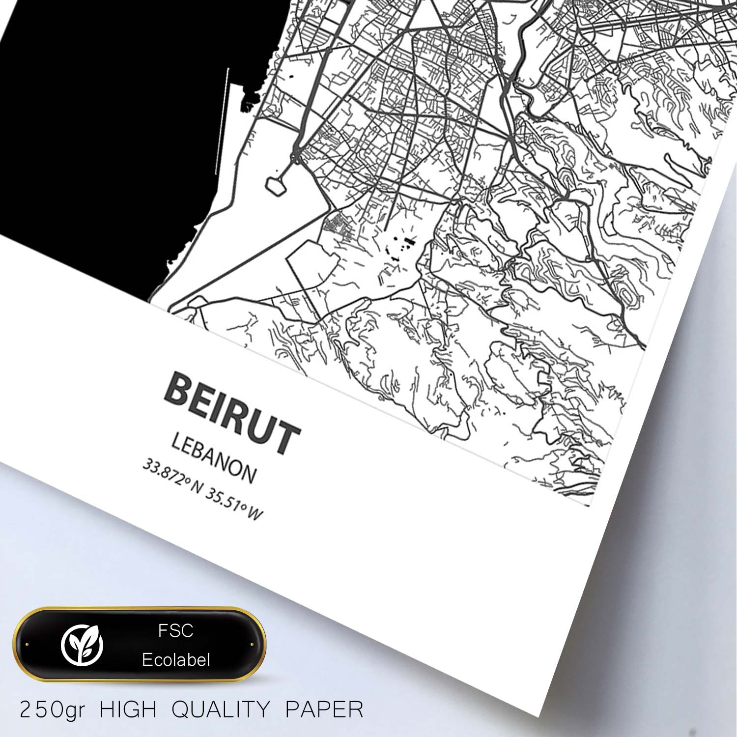 Poster con mapa de Beirut - Libano. Láminas de ciudades de África con mares y ríos en color negro.-Artwork-Nacnic-Nacnic Estudio SL