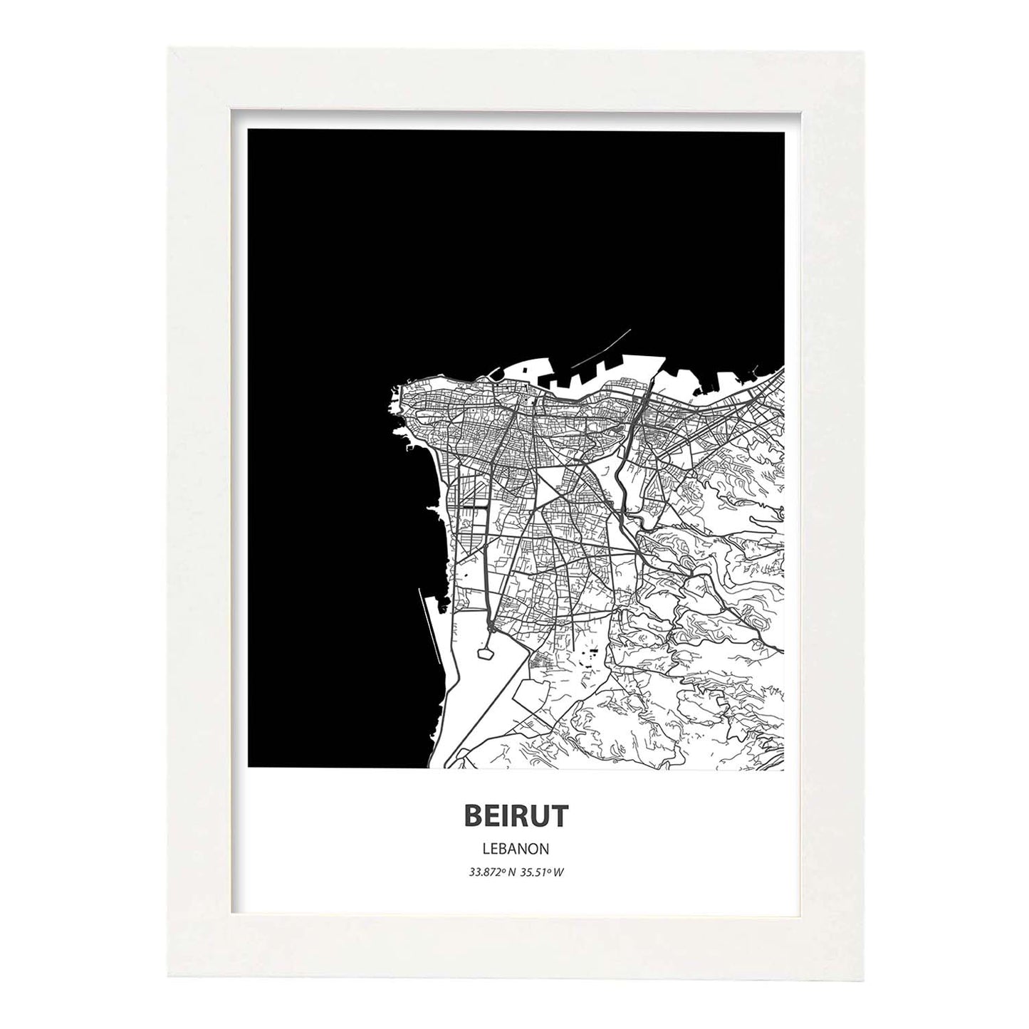 Poster con mapa de Beirut - Libano. Láminas de ciudades de África con mares y ríos en color negro.-Artwork-Nacnic-A3-Marco Blanco-Nacnic Estudio SL