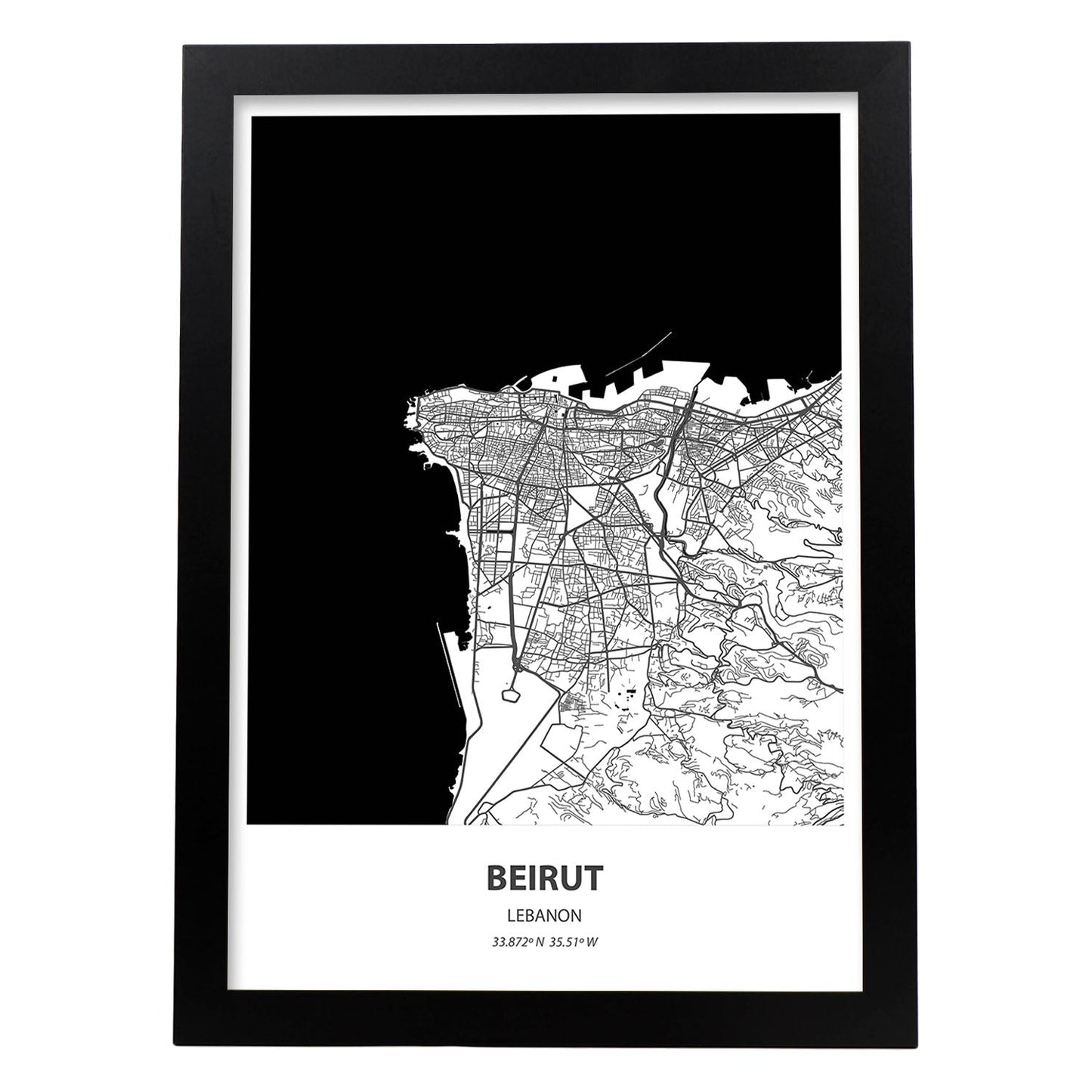 Poster con mapa de Beirut - Libano. Láminas de ciudades de África con mares y ríos en color negro.-Artwork-Nacnic-A3-Marco Negro-Nacnic Estudio SL