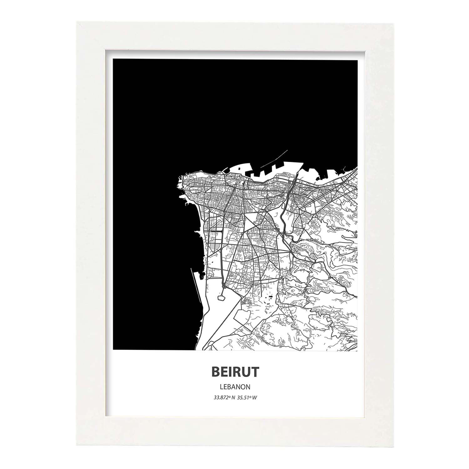 Poster con mapa de Beirut - Libano. Láminas de ciudades de África con mares y ríos en color negro.-Artwork-Nacnic-A4-Marco Blanco-Nacnic Estudio SL