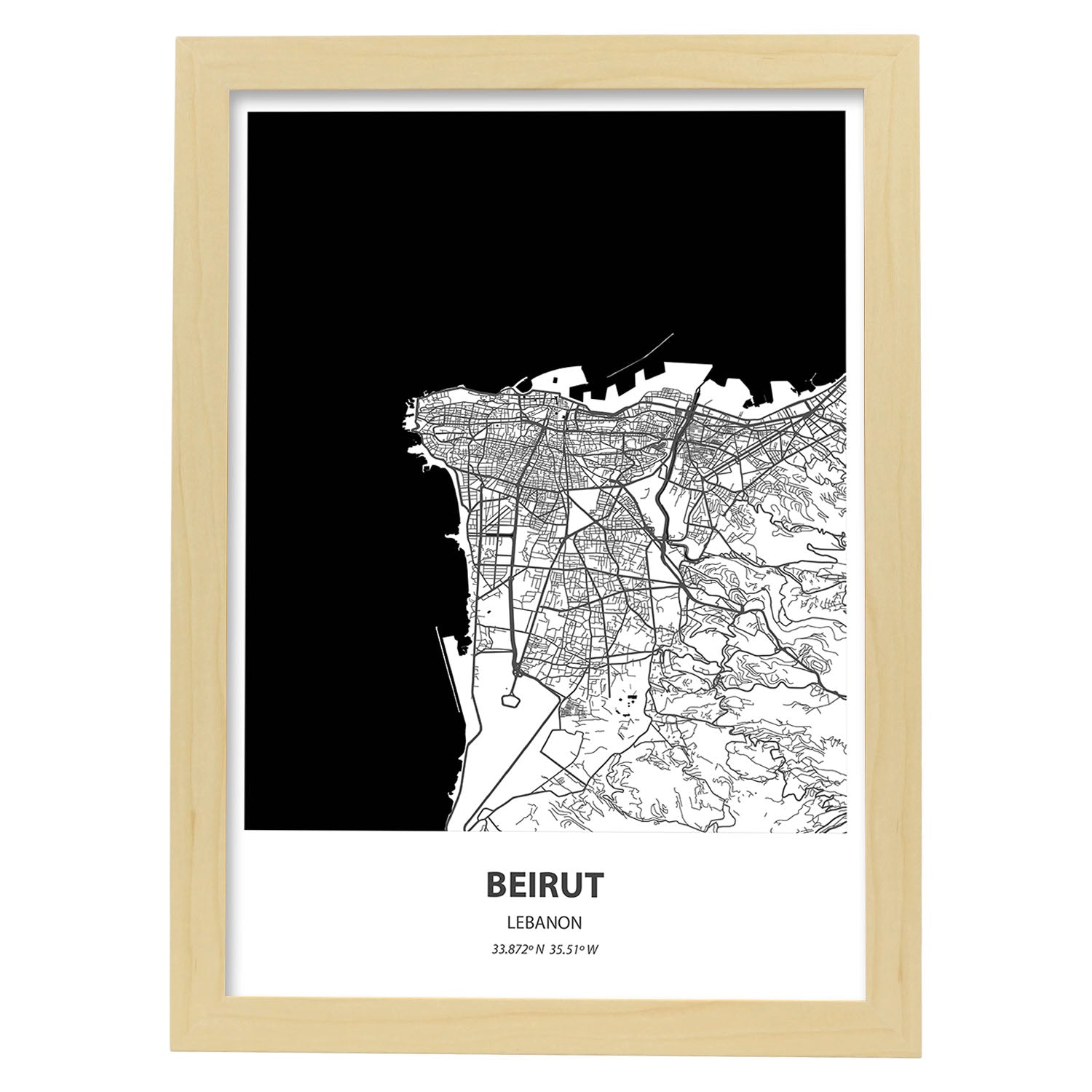 Poster con mapa de Beirut - Libano. Láminas de ciudades de África con mares y ríos en color negro.-Artwork-Nacnic-A4-Marco Madera clara-Nacnic Estudio SL