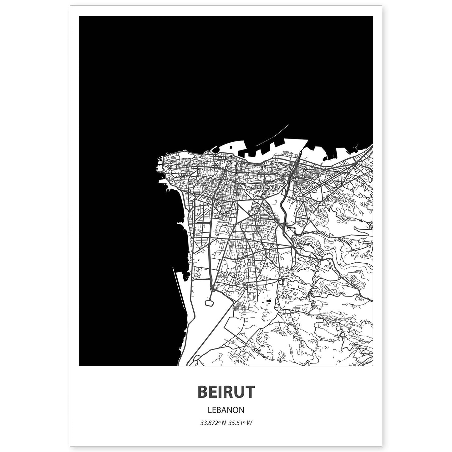 Poster con mapa de Beirut - Libano. Láminas de ciudades de África con mares y ríos en color negro.-Artwork-Nacnic-A4-Sin marco-Nacnic Estudio SL