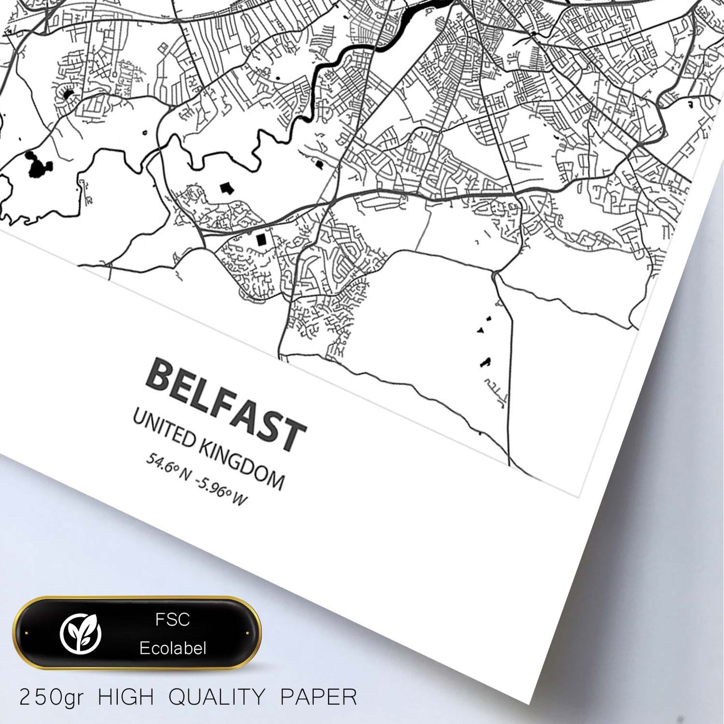 Poster con mapa de Belfast - Reino Unido. Láminas de ciudades de Reino Unido con mares y ríos en color negro.-Artwork-Nacnic-Nacnic Estudio SL