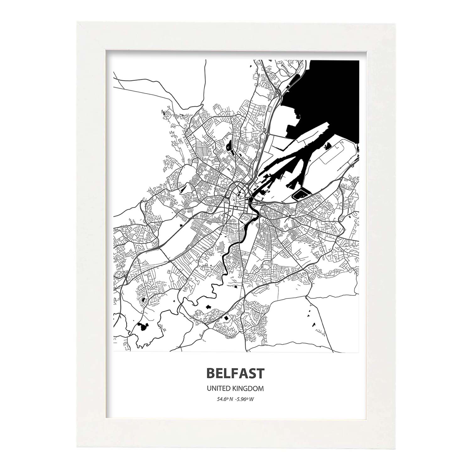 Poster con mapa de Belfast - Reino Unido. Láminas de ciudades de Reino Unido con mares y ríos en color negro.-Artwork-Nacnic-A3-Marco Blanco-Nacnic Estudio SL