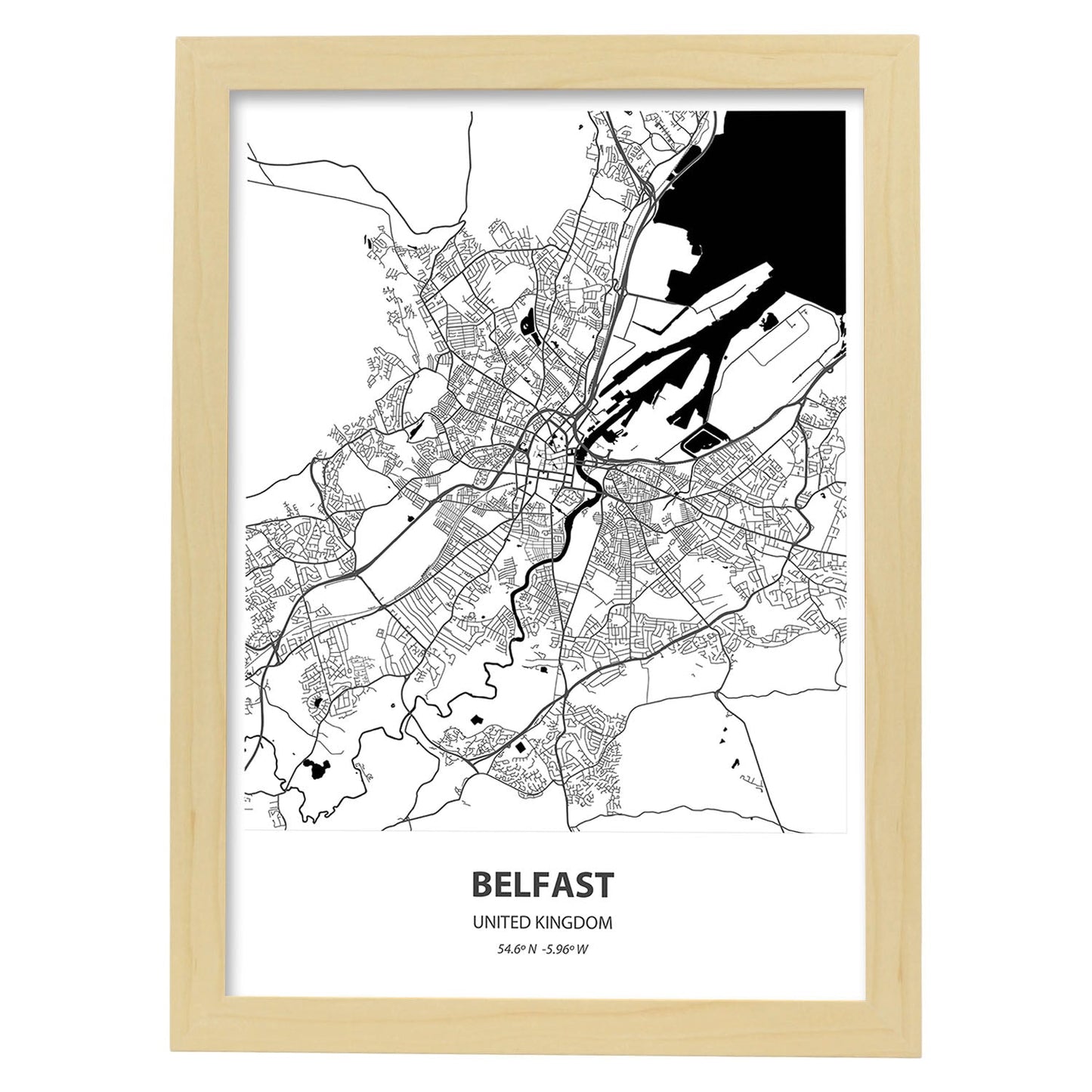 Poster con mapa de Belfast - Reino Unido. Láminas de ciudades de Reino Unido con mares y ríos en color negro.-Artwork-Nacnic-A3-Marco Madera clara-Nacnic Estudio SL