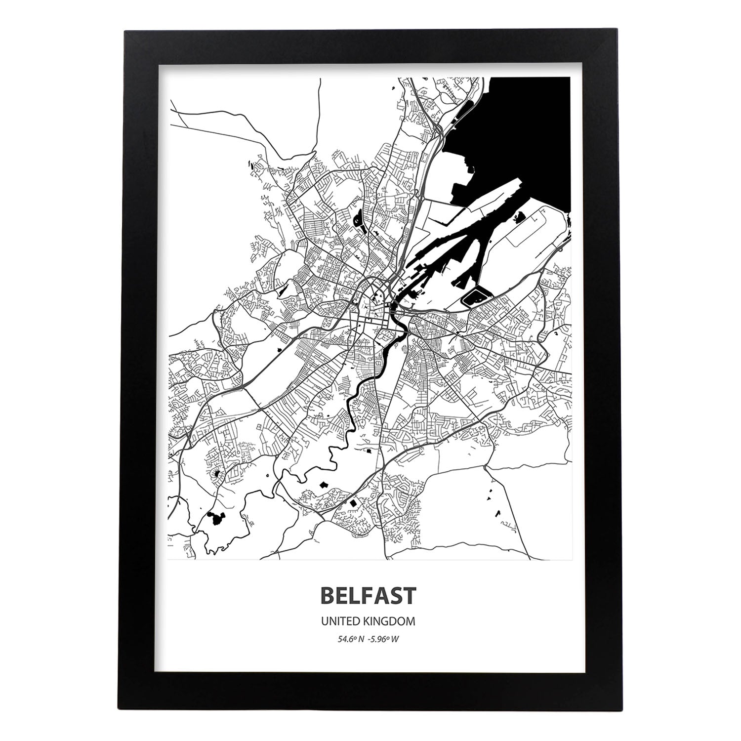 Poster con mapa de Belfast - Reino Unido. Láminas de ciudades de Reino Unido con mares y ríos en color negro.-Artwork-Nacnic-A3-Marco Negro-Nacnic Estudio SL