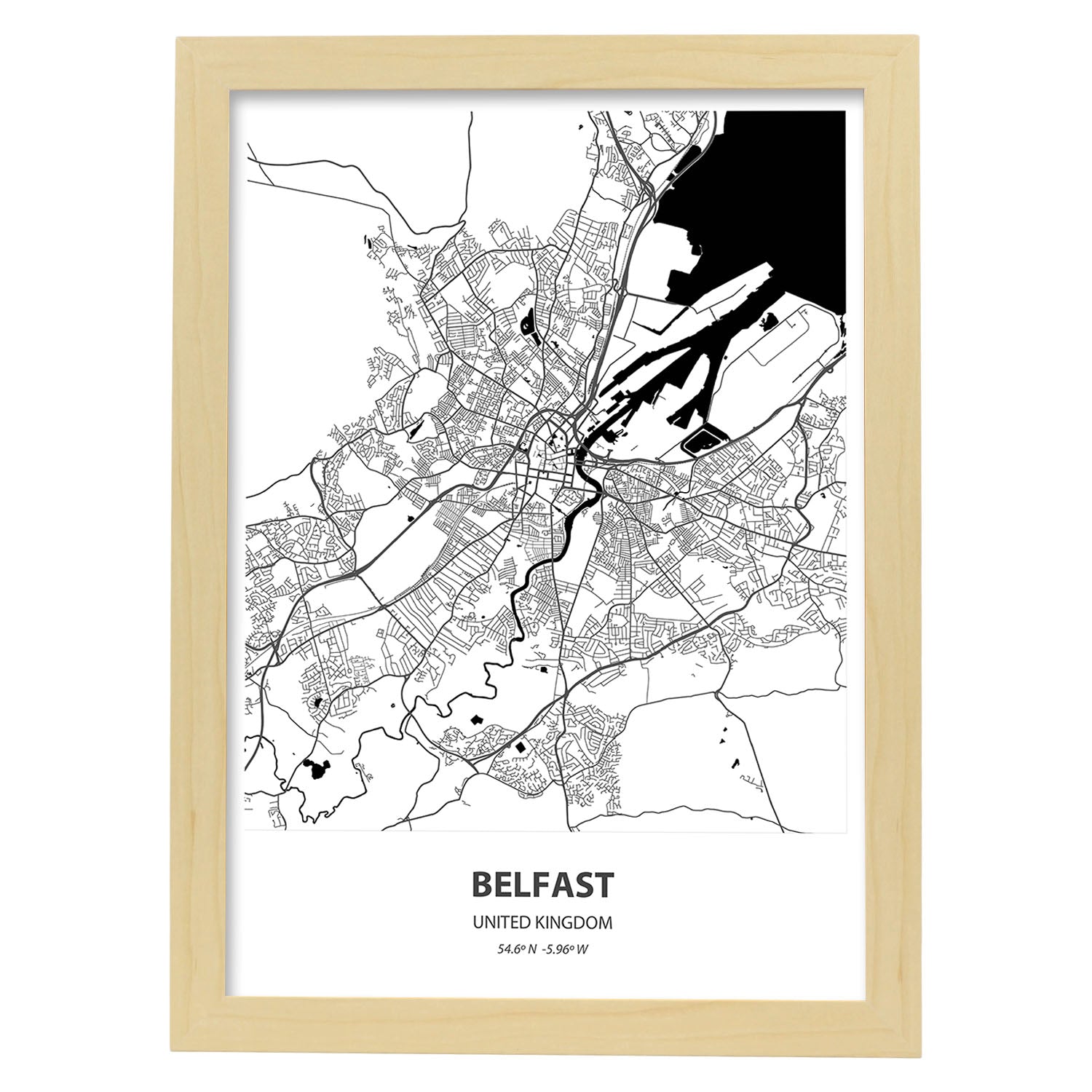 Poster con mapa de Belfast - Reino Unido. Láminas de ciudades de Reino Unido con mares y ríos en color negro.-Artwork-Nacnic-A4-Marco Madera clara-Nacnic Estudio SL