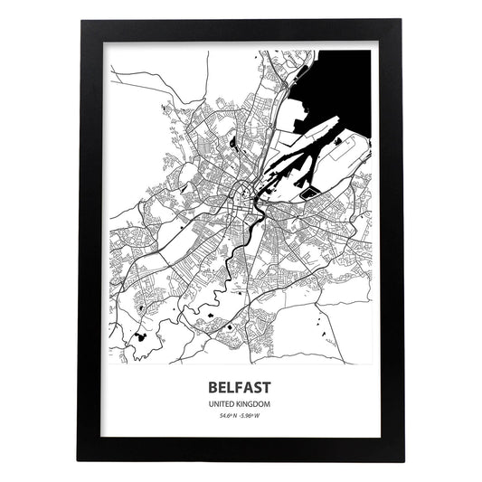 Poster con mapa de Belfast - Reino Unido. Láminas de ciudades de Reino Unido con mares y ríos en color negro.-Artwork-Nacnic-A4-Marco Negro-Nacnic Estudio SL
