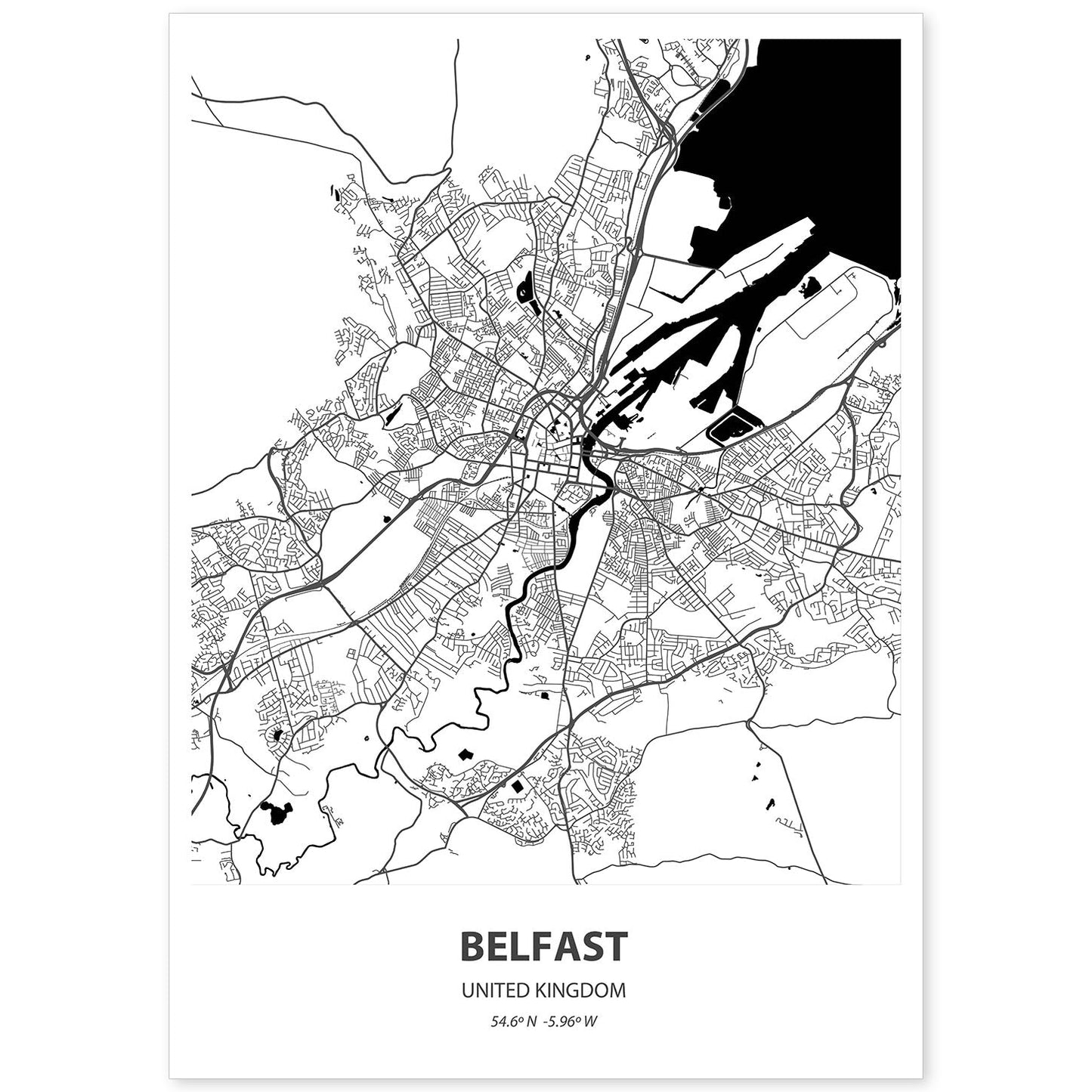 Poster con mapa de Belfast - Reino Unido. Láminas de ciudades de Reino Unido con mares y ríos en color negro.-Artwork-Nacnic-A4-Sin marco-Nacnic Estudio SL