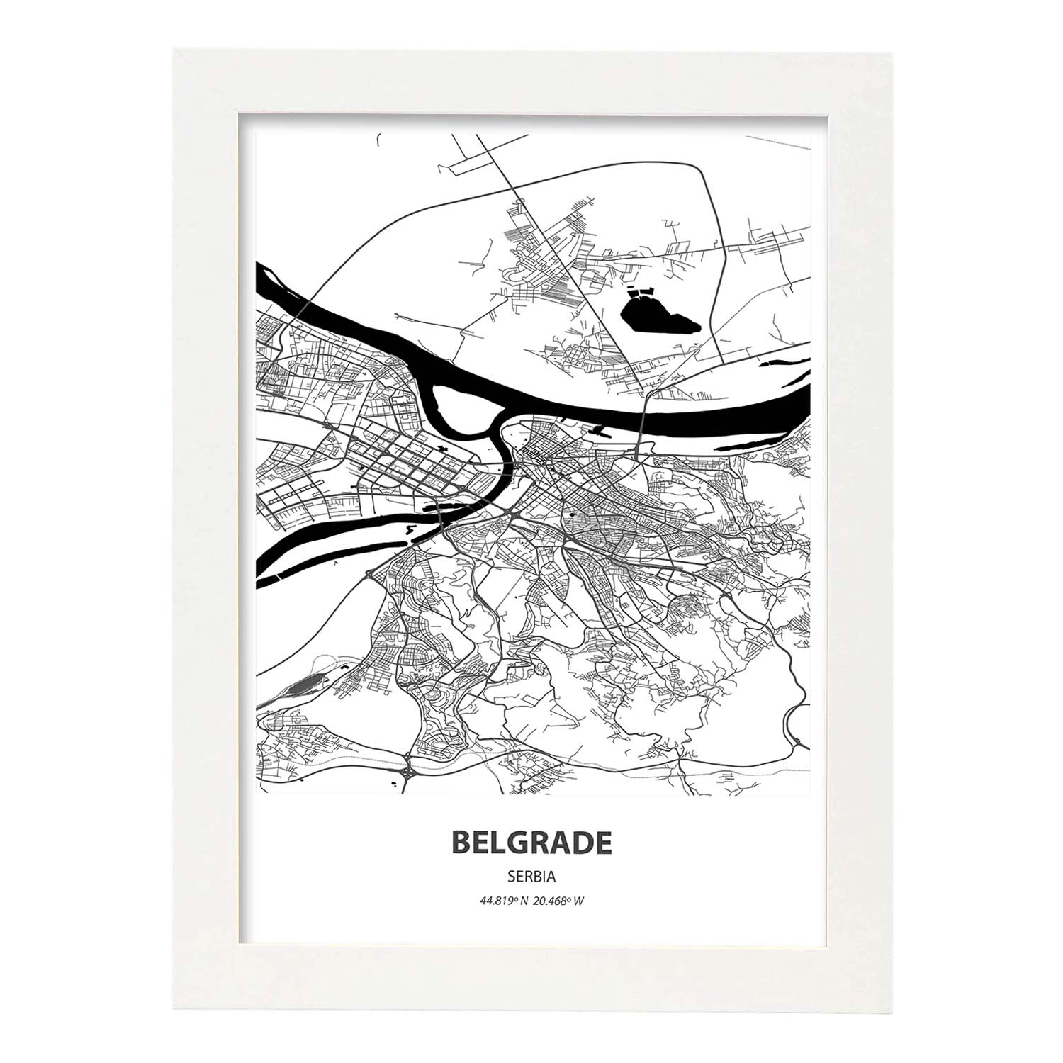 Poster con mapa de Belgrade - Serbia. Láminas de ciudades de Europa con mares y ríos en color negro.-Artwork-Nacnic-A3-Marco Blanco-Nacnic Estudio SL
