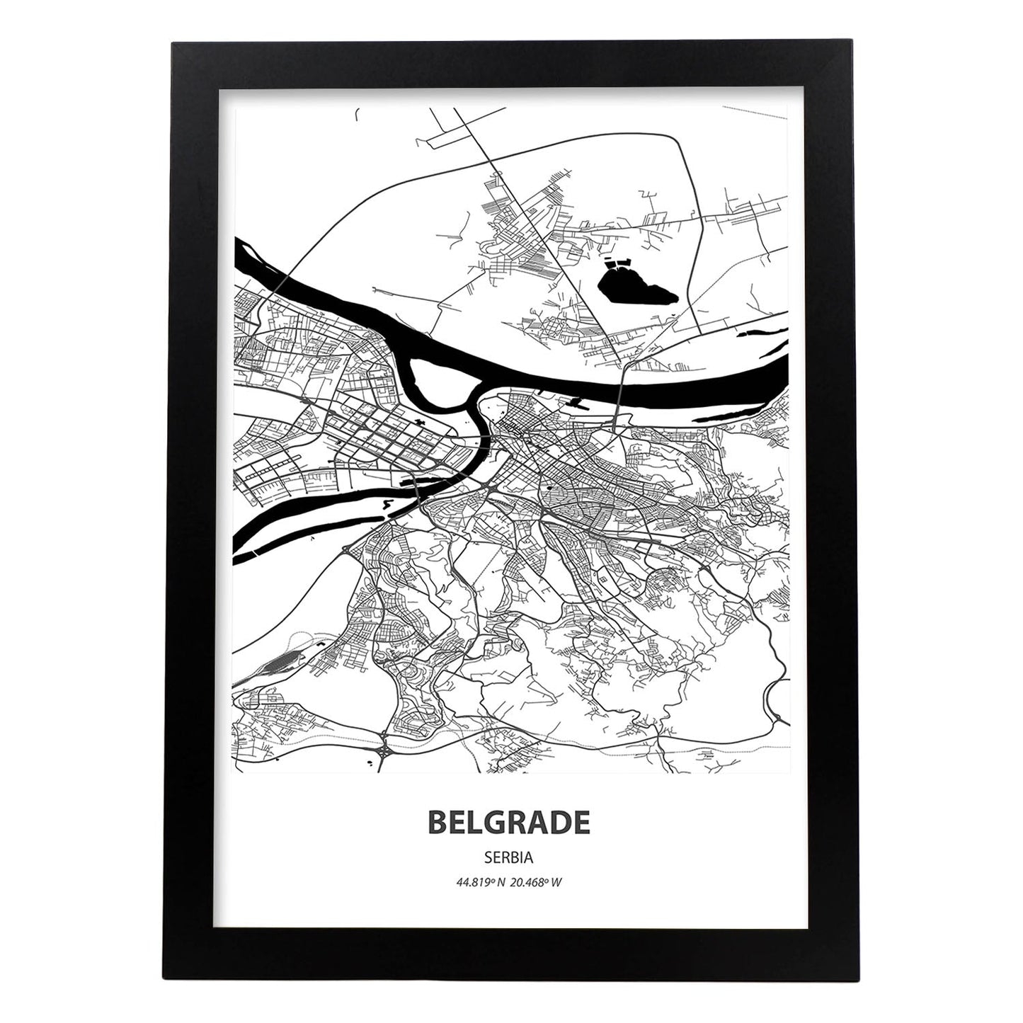 Poster con mapa de Belgrade - Serbia. Láminas de ciudades de Europa con mares y ríos en color negro.-Artwork-Nacnic-A3-Marco Negro-Nacnic Estudio SL