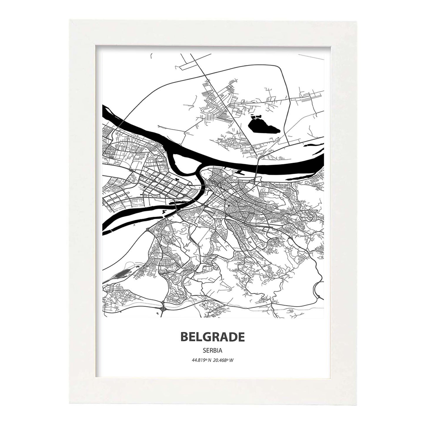 Poster con mapa de Belgrade - Serbia. Láminas de ciudades de Europa con mares y ríos en color negro.-Artwork-Nacnic-A4-Marco Blanco-Nacnic Estudio SL