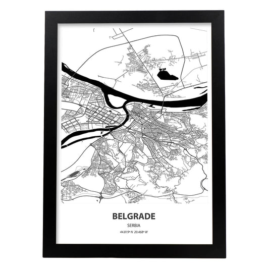Poster con mapa de Belgrade - Serbia. Láminas de ciudades de Europa con mares y ríos en color negro.-Artwork-Nacnic-A4-Marco Negro-Nacnic Estudio SL