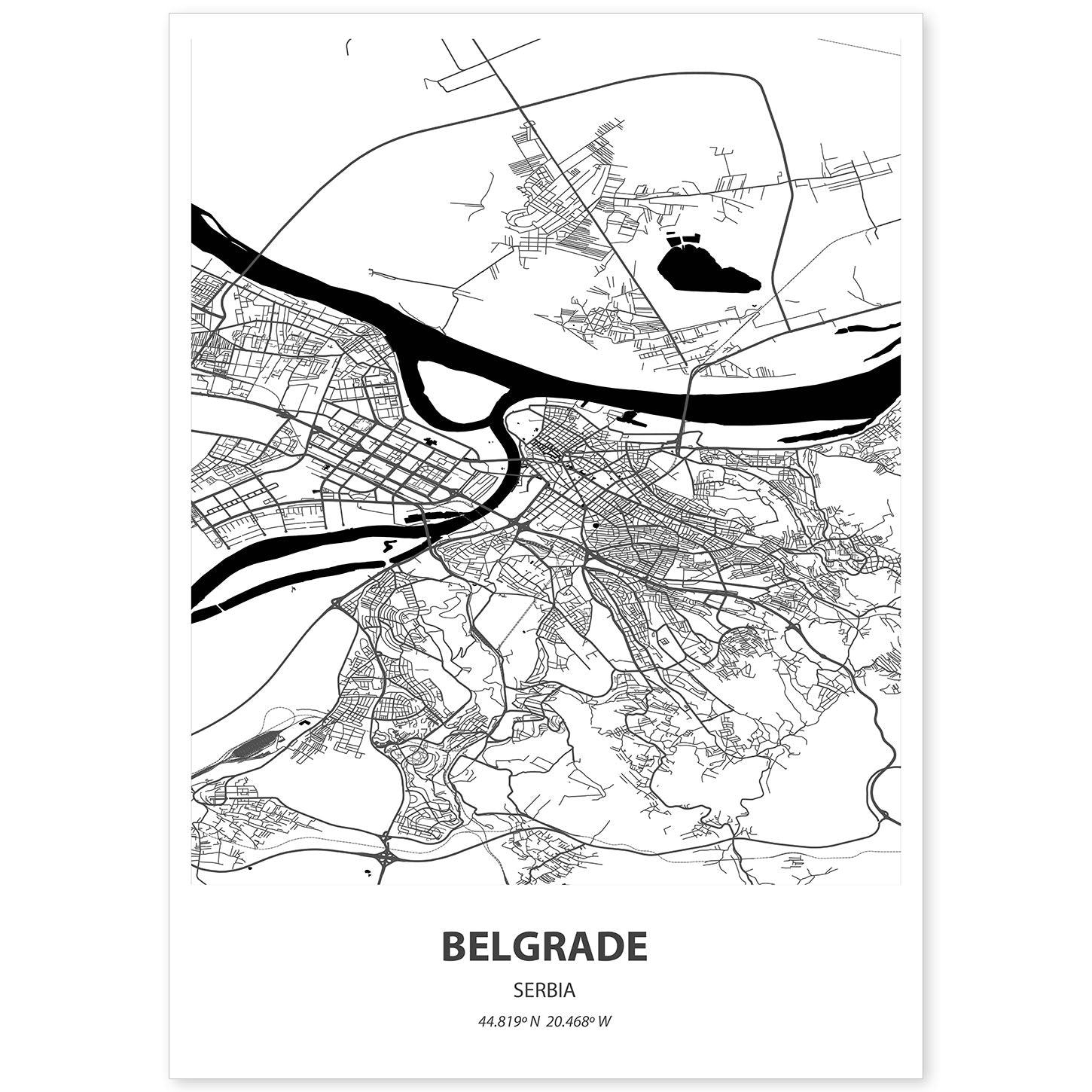 Poster con mapa de Belgrade - Serbia. Láminas de ciudades de Europa con mares y ríos en color negro.-Artwork-Nacnic-A4-Sin marco-Nacnic Estudio SL
