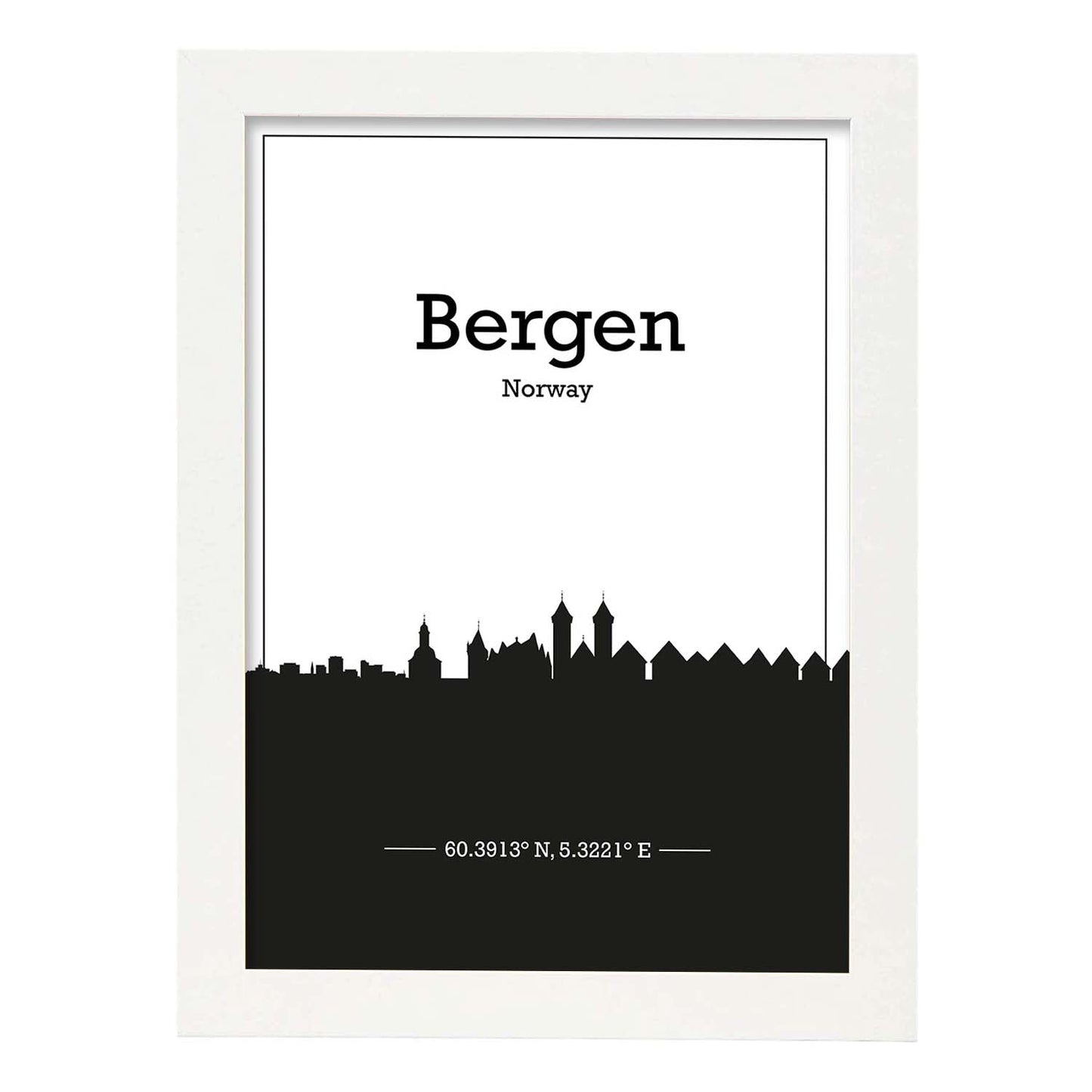 Poster con mapa de Bergen - Noruega. Láminas con Skyline de ciudades del norte de Europa con sombra negra.-Artwork-Nacnic-A3-Marco Blanco-Nacnic Estudio SL