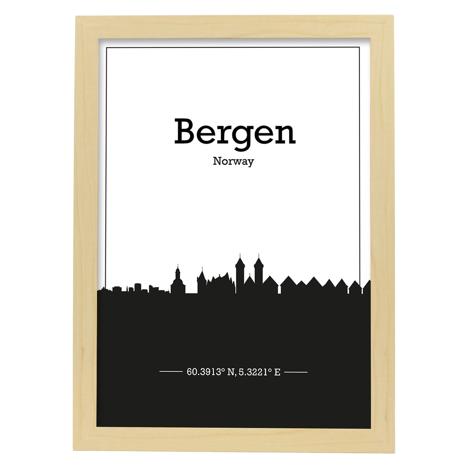 Poster con mapa de Bergen - Noruega. Láminas con Skyline de ciudades del norte de Europa con sombra negra.-Artwork-Nacnic-A3-Marco Madera clara-Nacnic Estudio SL