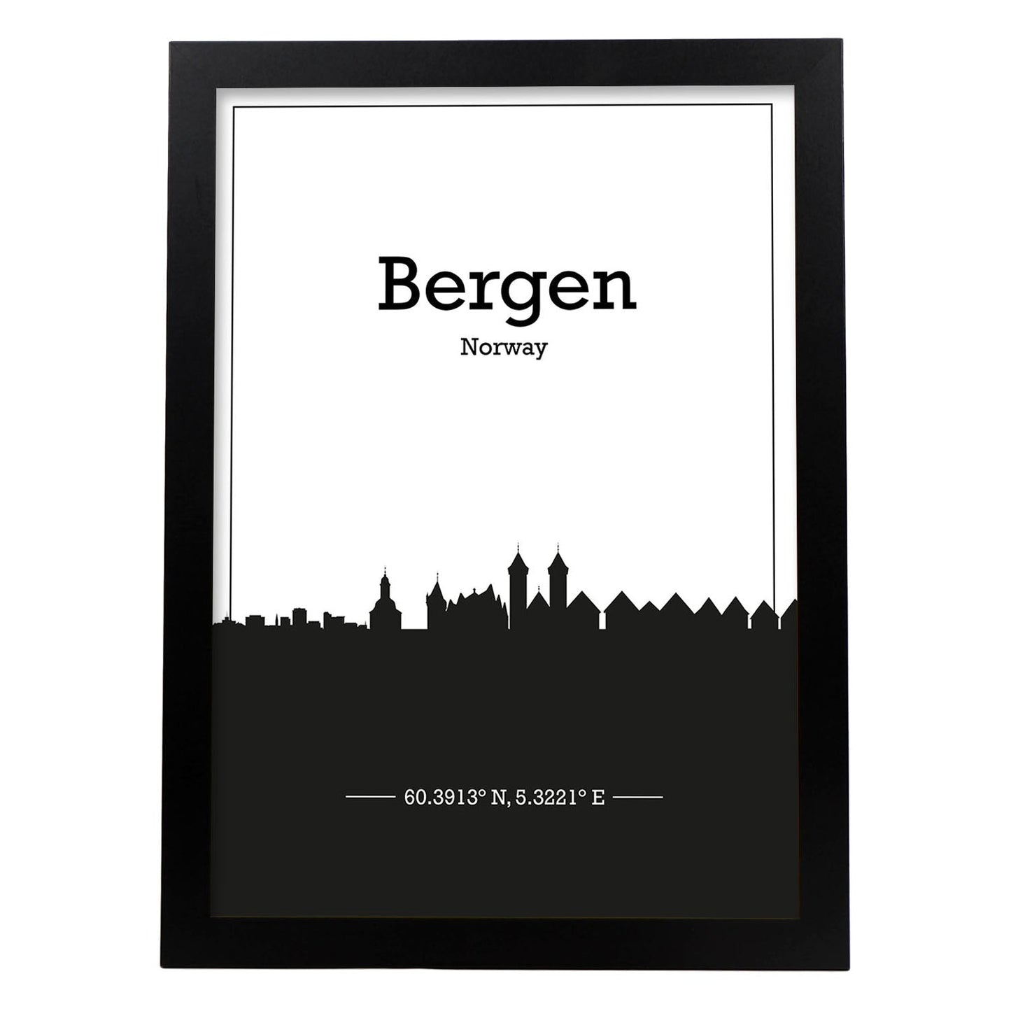 Poster con mapa de Bergen - Noruega. Láminas con Skyline de ciudades del norte de Europa con sombra negra.-Artwork-Nacnic-A3-Marco Negro-Nacnic Estudio SL