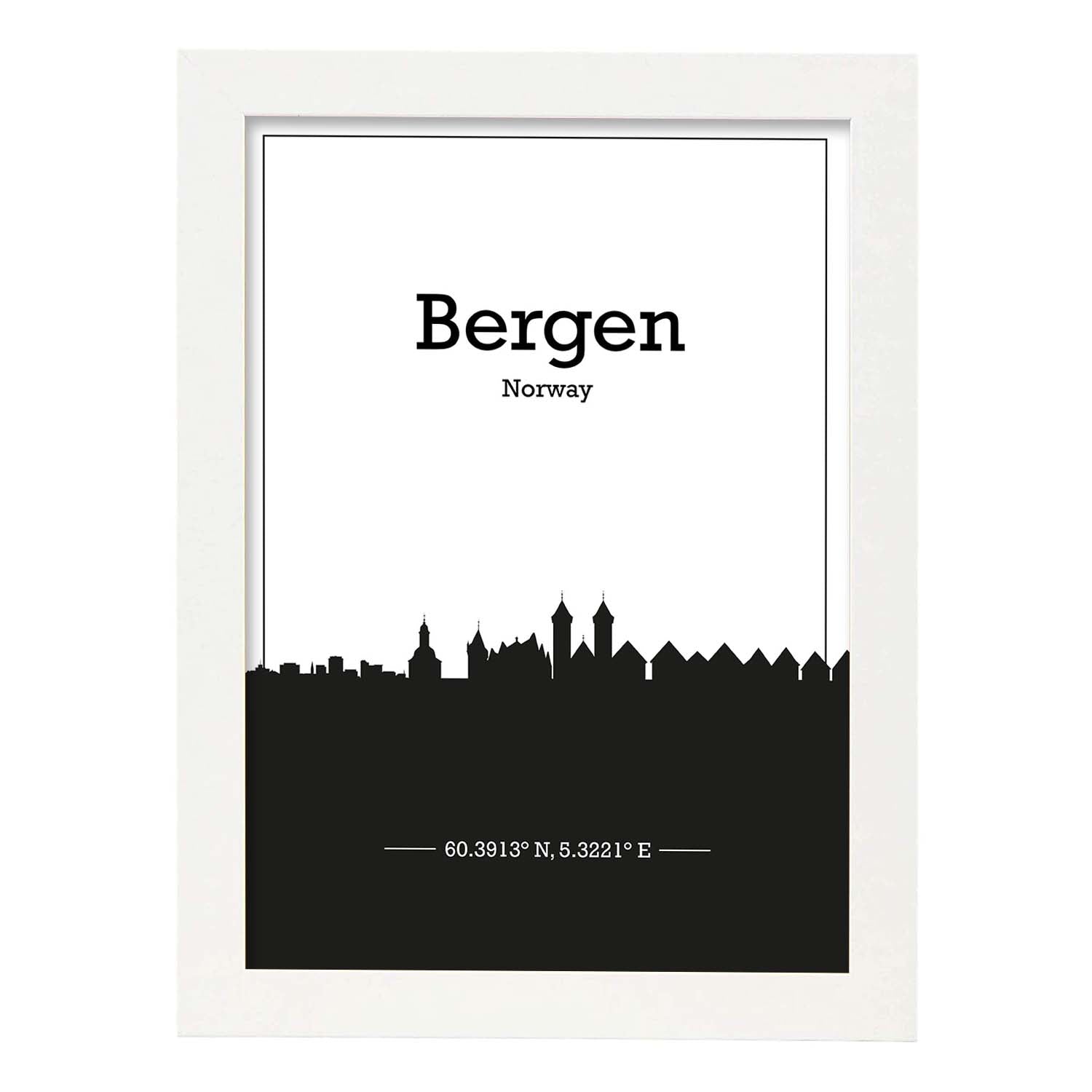 Poster con mapa de Bergen - Noruega. Láminas con Skyline de ciudades del norte de Europa con sombra negra.-Artwork-Nacnic-A4-Marco Blanco-Nacnic Estudio SL