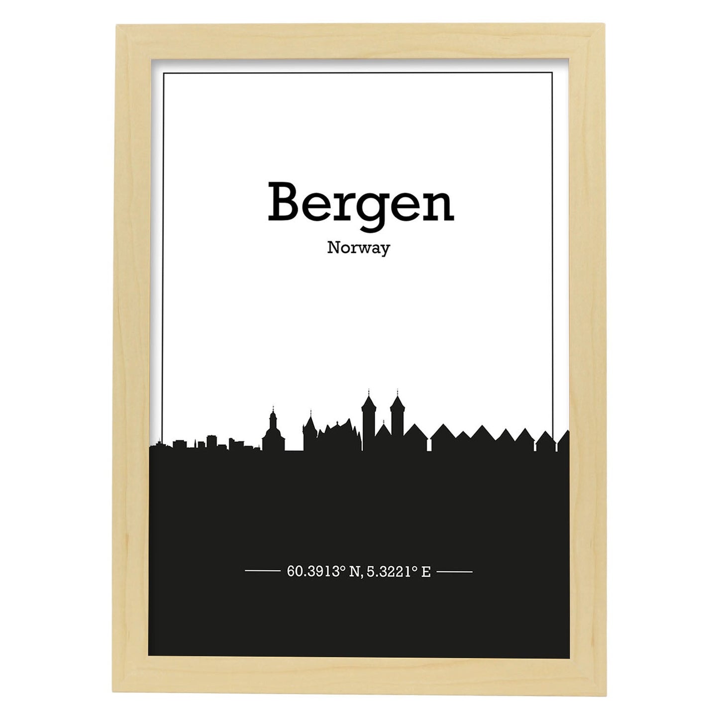 Poster con mapa de Bergen - Noruega. Láminas con Skyline de ciudades del norte de Europa con sombra negra.-Artwork-Nacnic-A4-Marco Madera clara-Nacnic Estudio SL