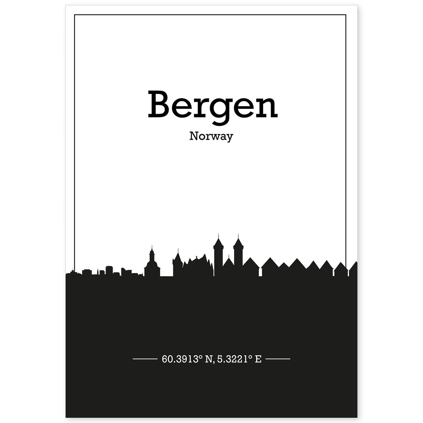 Poster con mapa de Bergen - Noruega. Láminas con Skyline de ciudades del norte de Europa con sombra negra.-Artwork-Nacnic-A4-Sin marco-Nacnic Estudio SL