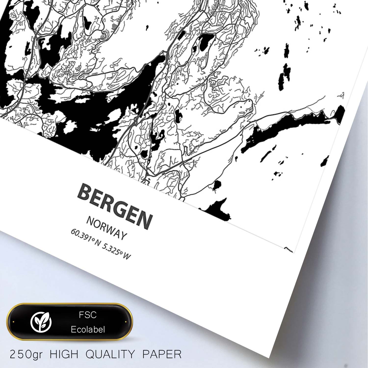 Poster con mapa de Bergen - Noruega. Láminas de ciudades del norte de Europa con mares y ríos en color negro.-Artwork-Nacnic-Nacnic Estudio SL
