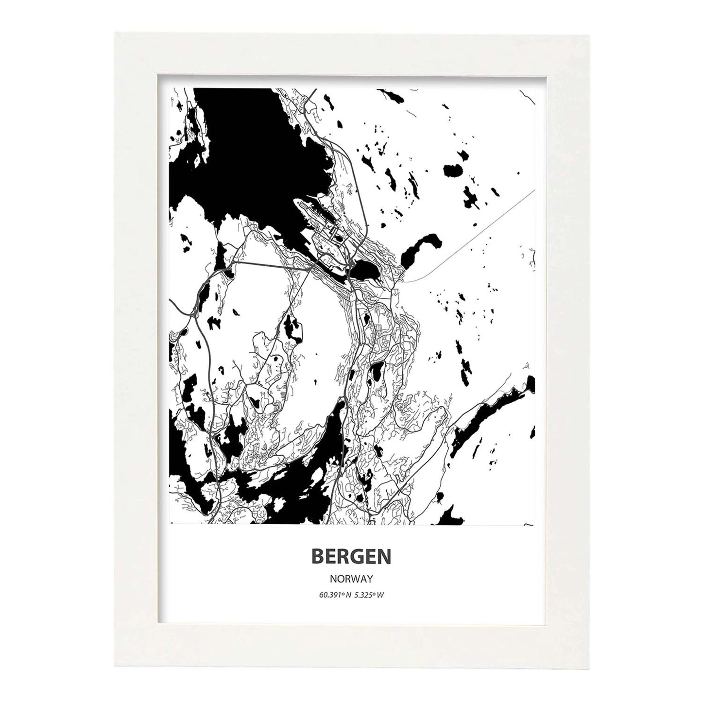 Poster con mapa de Bergen - Noruega. Láminas de ciudades del norte de Europa con mares y ríos en color negro.-Artwork-Nacnic-A3-Marco Blanco-Nacnic Estudio SL