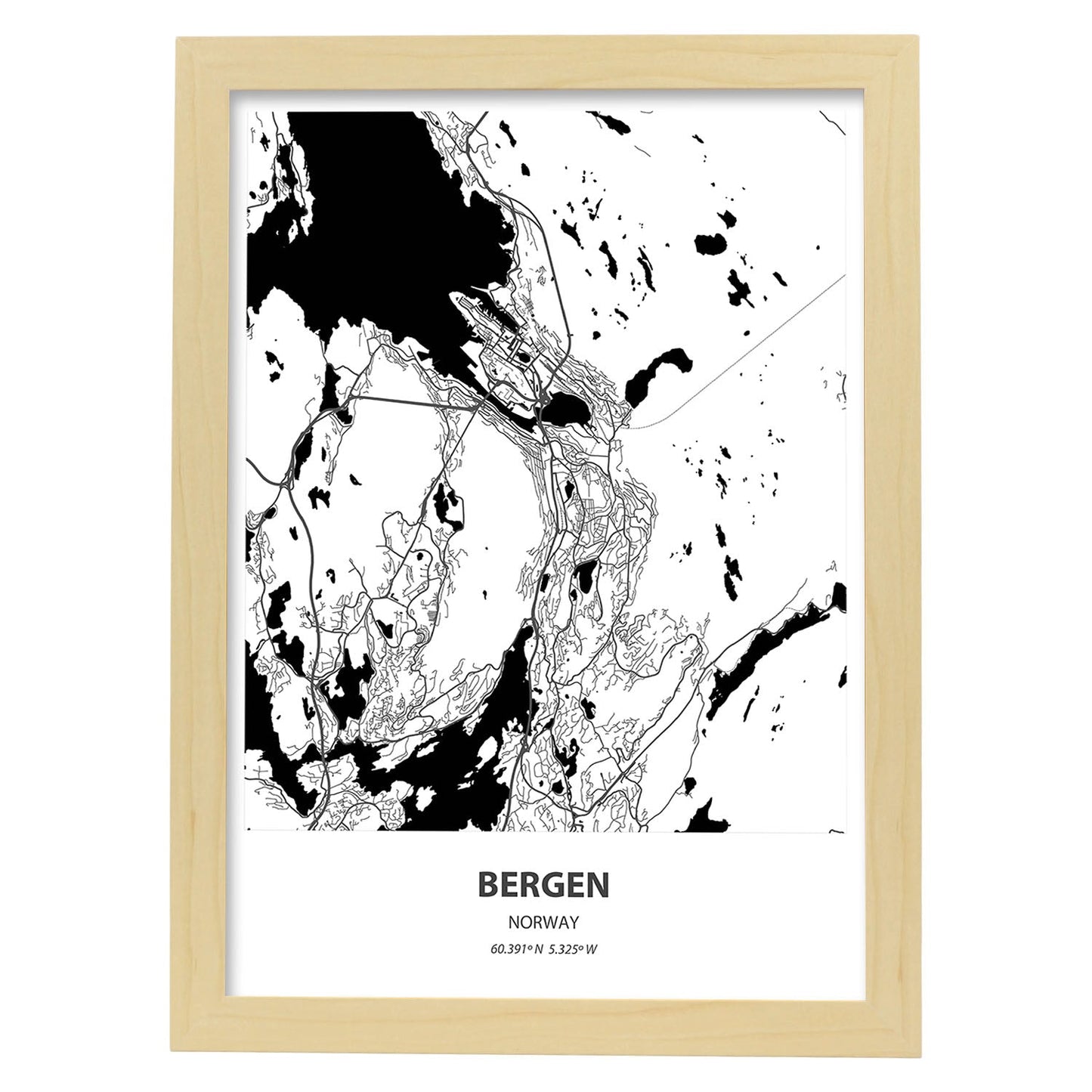 Poster con mapa de Bergen - Noruega. Láminas de ciudades del norte de Europa con mares y ríos en color negro.-Artwork-Nacnic-A3-Marco Madera clara-Nacnic Estudio SL