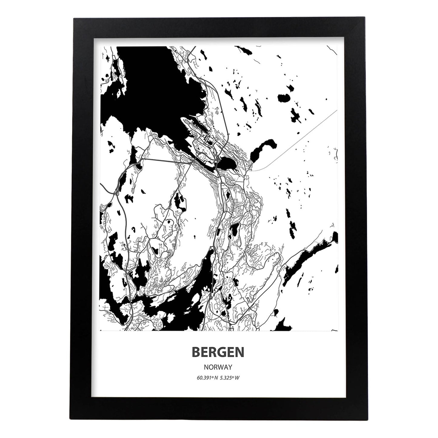 Poster con mapa de Bergen - Noruega. Láminas de ciudades del norte de Europa con mares y ríos en color negro.-Artwork-Nacnic-A3-Marco Negro-Nacnic Estudio SL