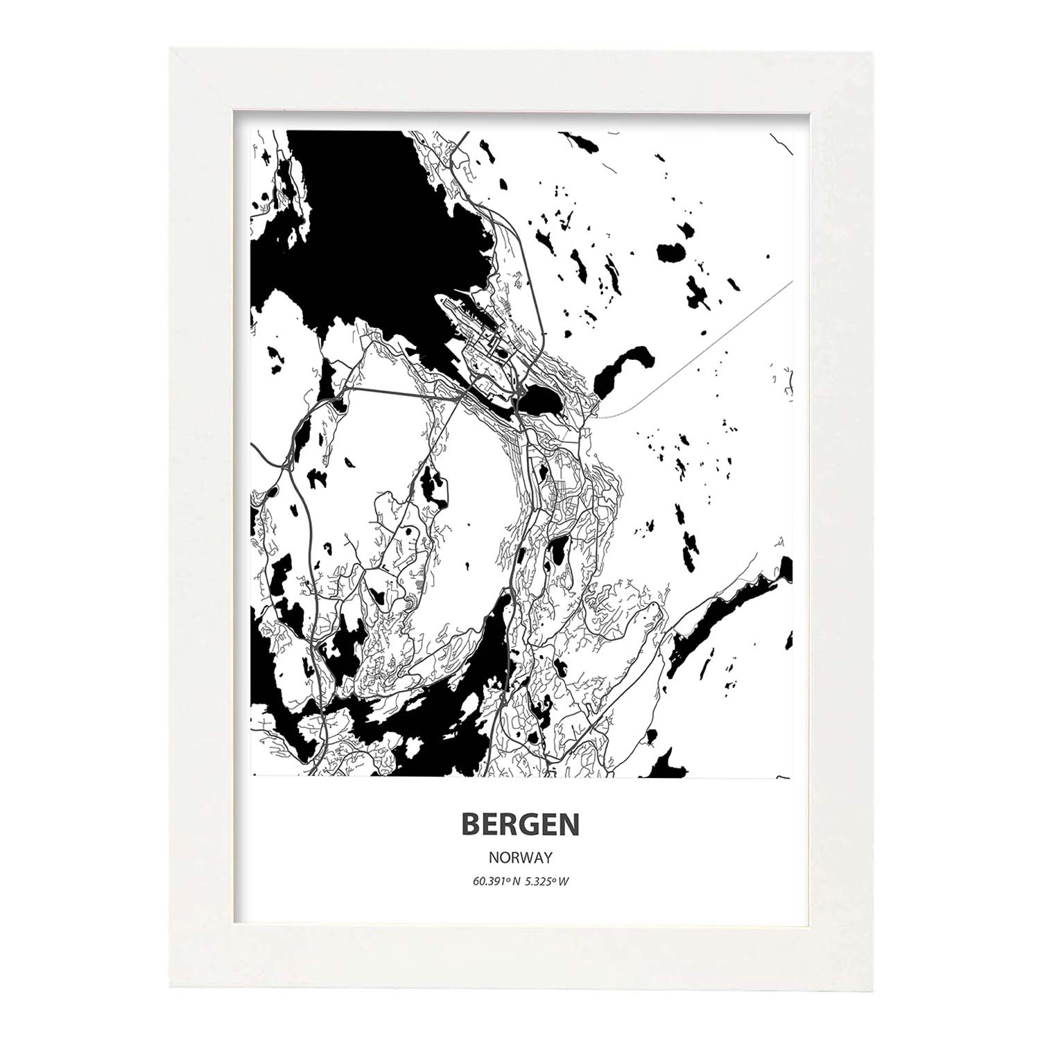 Poster con mapa de Bergen - Noruega. Láminas de ciudades del norte de Europa con mares y ríos en color negro.-Artwork-Nacnic-A4-Marco Blanco-Nacnic Estudio SL