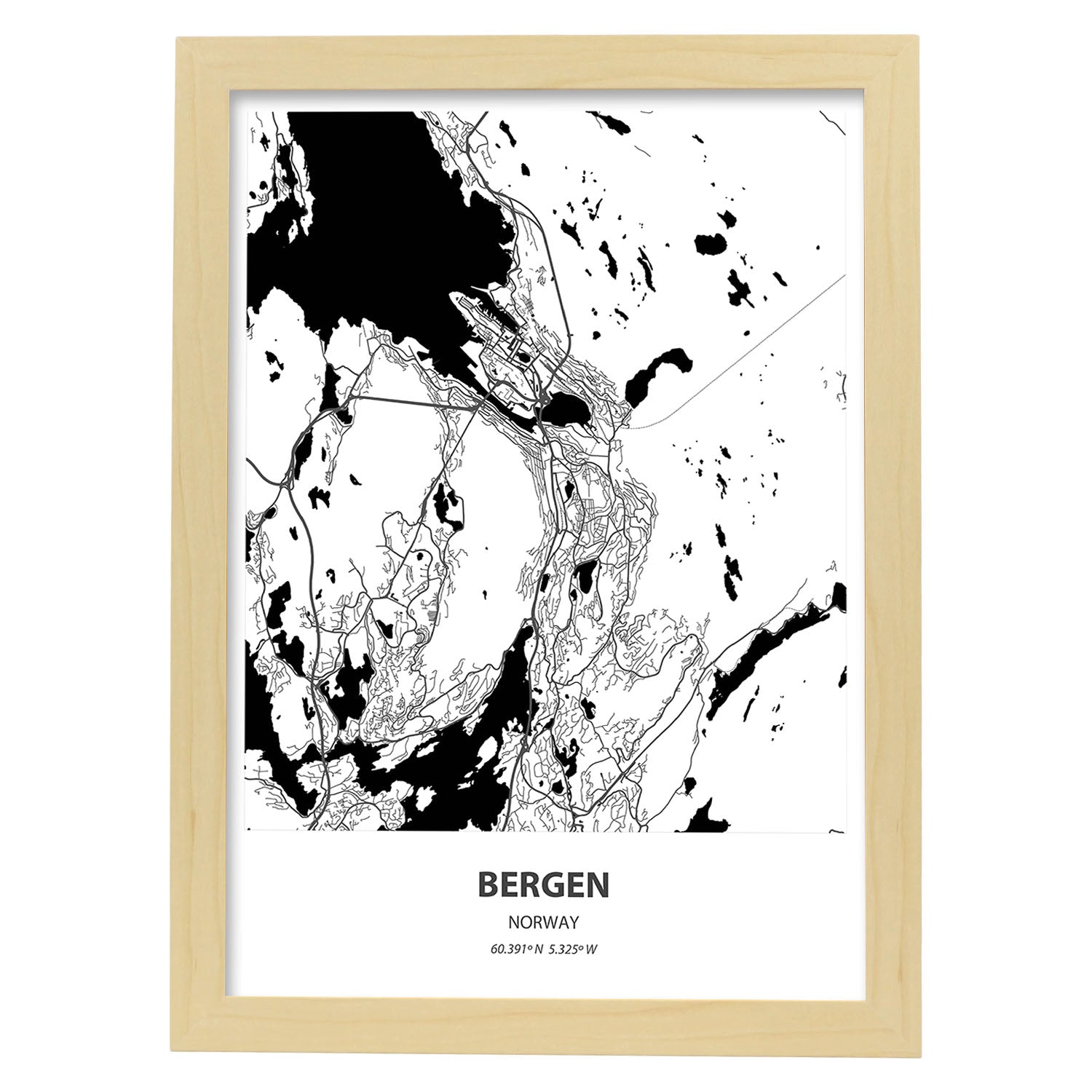 Poster con mapa de Bergen - Noruega. Láminas de ciudades del norte de Europa con mares y ríos en color negro.-Artwork-Nacnic-A4-Marco Madera clara-Nacnic Estudio SL