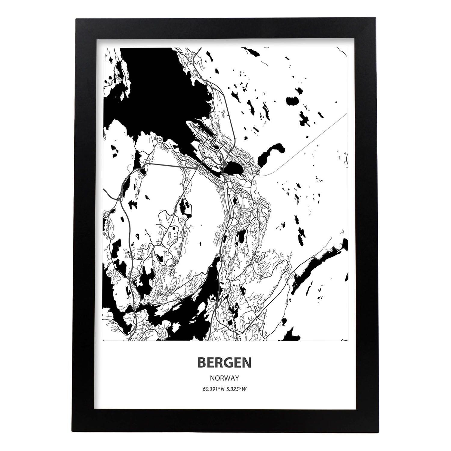 Poster con mapa de Bergen - Noruega. Láminas de ciudades del norte de Europa con mares y ríos en color negro.-Artwork-Nacnic-A4-Marco Negro-Nacnic Estudio SL
