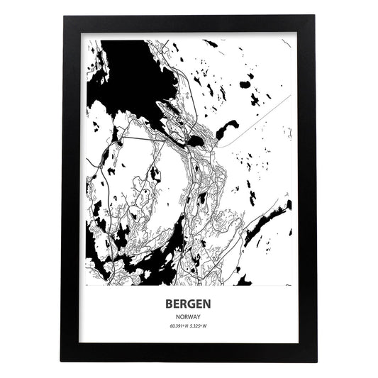 Poster con mapa de Bergen - Noruega. Láminas de ciudades del norte de Europa con mares y ríos en color negro.-Artwork-Nacnic-A4-Marco Negro-Nacnic Estudio SL