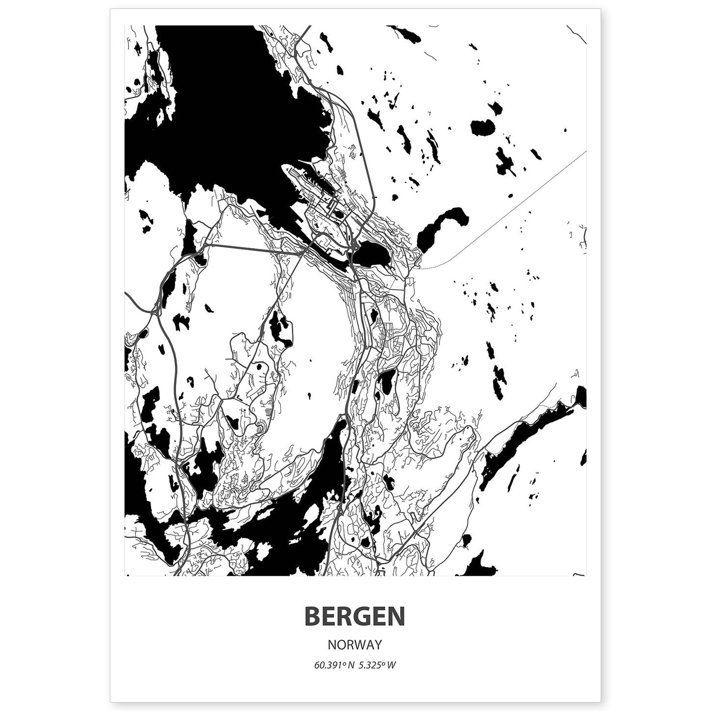 Poster con mapa de Bergen - Noruega. Láminas de ciudades del norte de Europa con mares y ríos en color negro.-Artwork-Nacnic-A4-Sin marco-Nacnic Estudio SL