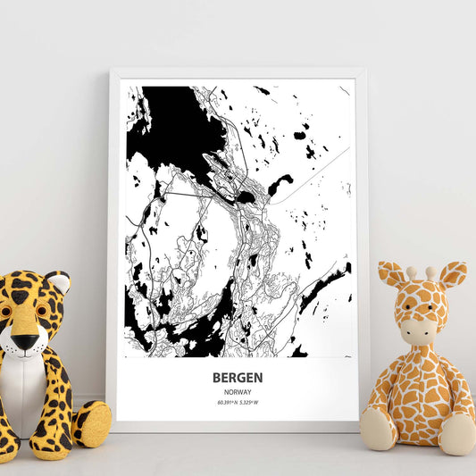 Poster con mapa de Bergen - Noruega. Láminas de ciudades del norte de Europa con mares y ríos en color negro.-Artwork-Nacnic-Nacnic Estudio SL
