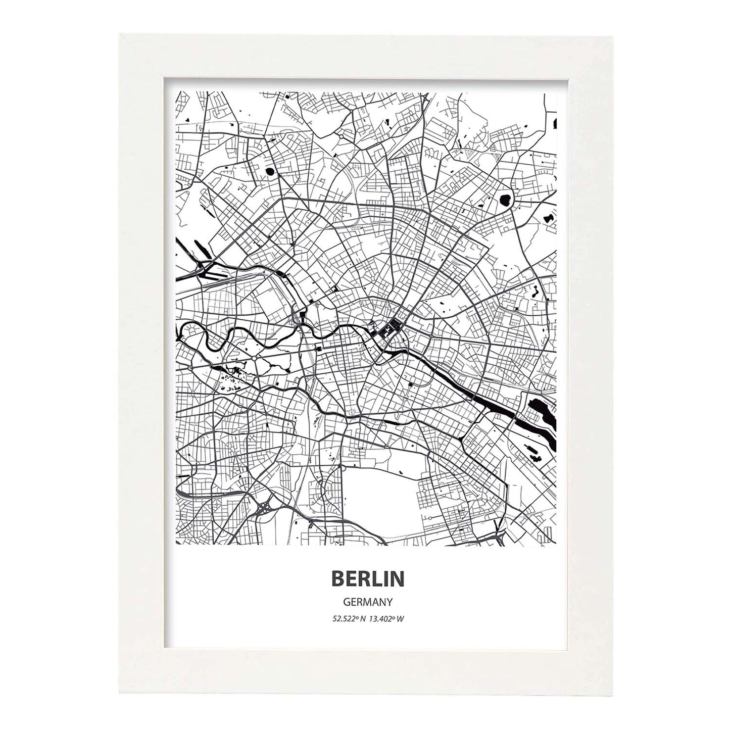 Poster con mapa de Berlin - Alemania. Láminas de ciudades de Alemania con mares y ríos en color negro.-Artwork-Nacnic-A3-Marco Blanco-Nacnic Estudio SL
