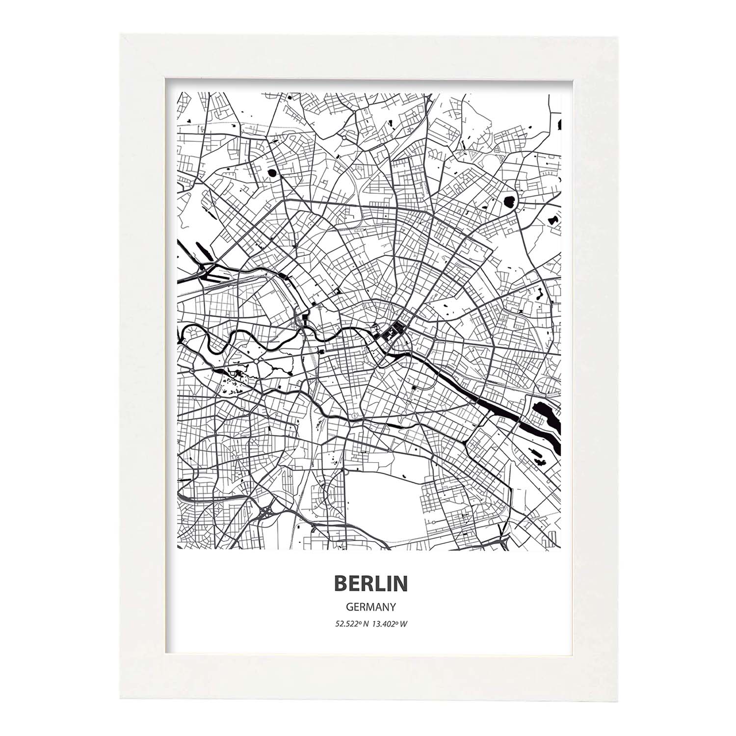 Poster con mapa de Berlin - Alemania. Láminas de ciudades de Alemania con mares y ríos en color negro.-Artwork-Nacnic-A3-Marco Blanco-Nacnic Estudio SL