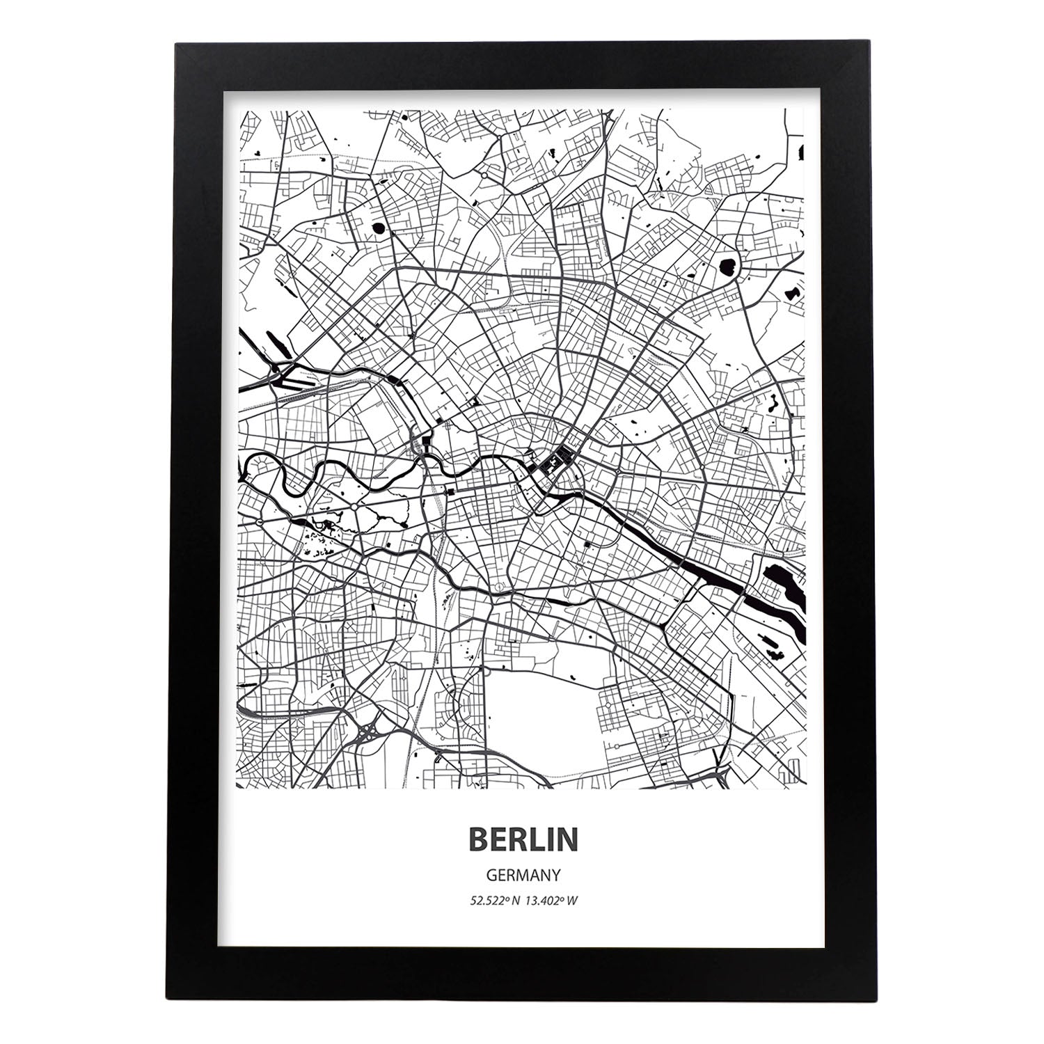 Poster con mapa de Berlin - Alemania. Láminas de ciudades de Alemania con mares y ríos en color negro.-Artwork-Nacnic-A3-Marco Negro-Nacnic Estudio SL