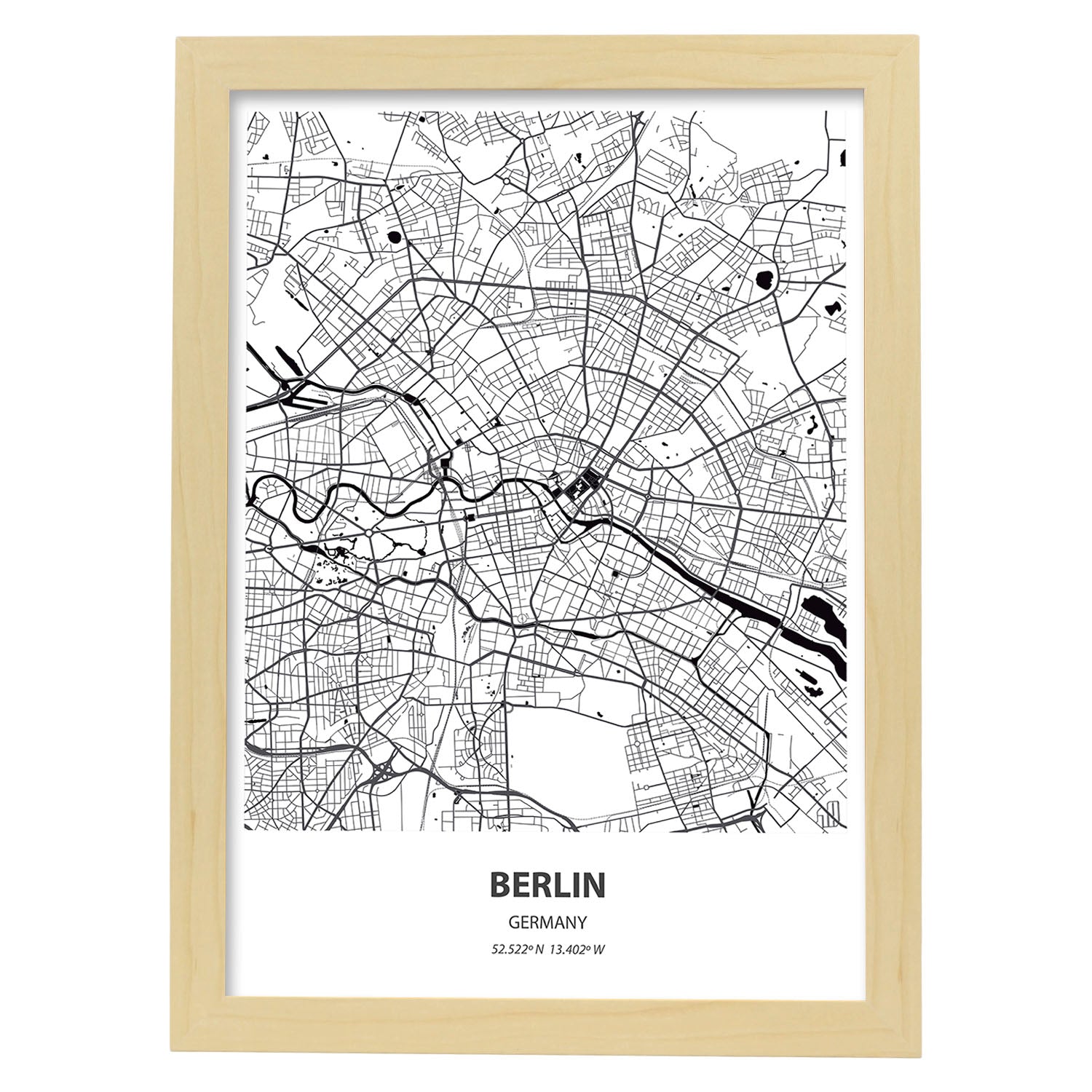 Poster con mapa de Berlin - Alemania. Láminas de ciudades de Alemania con mares y ríos en color negro.-Artwork-Nacnic-A4-Marco Madera clara-Nacnic Estudio SL