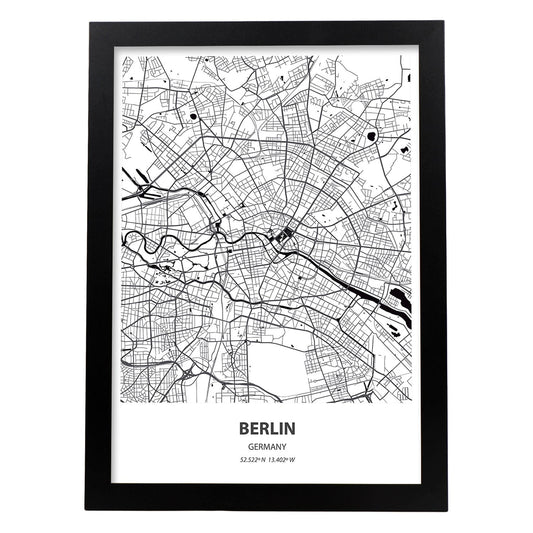 Poster con mapa de Berlin - Alemania. Láminas de ciudades de Alemania con mares y ríos en color negro.-Artwork-Nacnic-A4-Marco Negro-Nacnic Estudio SL