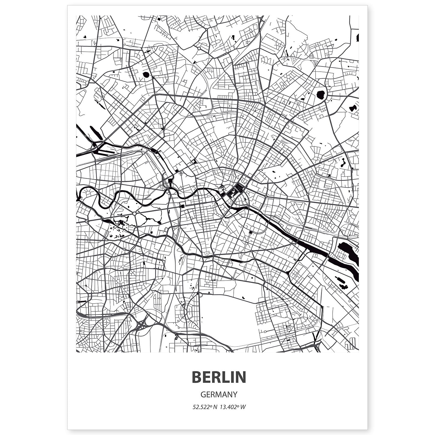 Poster con mapa de Berlin - Alemania. Láminas de ciudades de Alemania con mares y ríos en color negro.-Artwork-Nacnic-A4-Sin marco-Nacnic Estudio SL