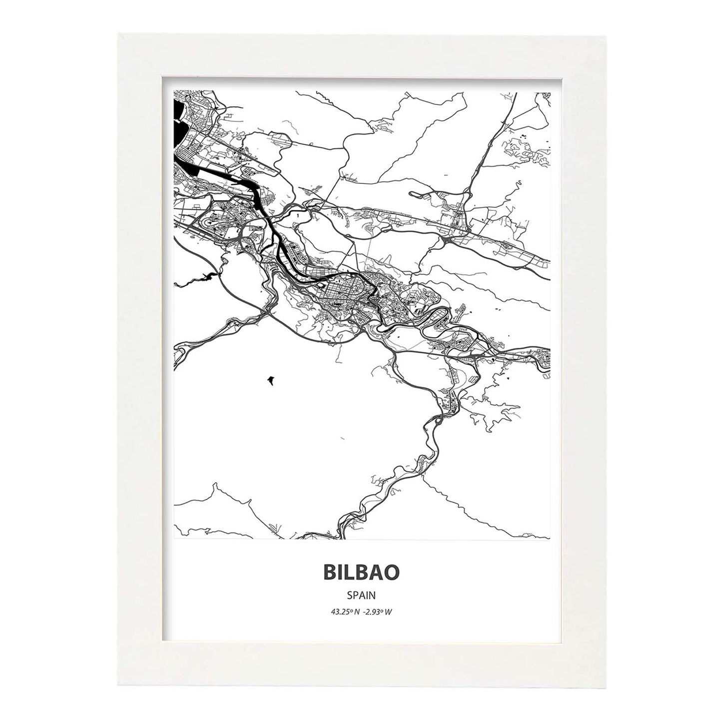 Poster con mapa de Bilbao - España. Láminas de ciudades de España con mares y ríos en color negro.-Artwork-Nacnic-A3-Marco Blanco-Nacnic Estudio SL