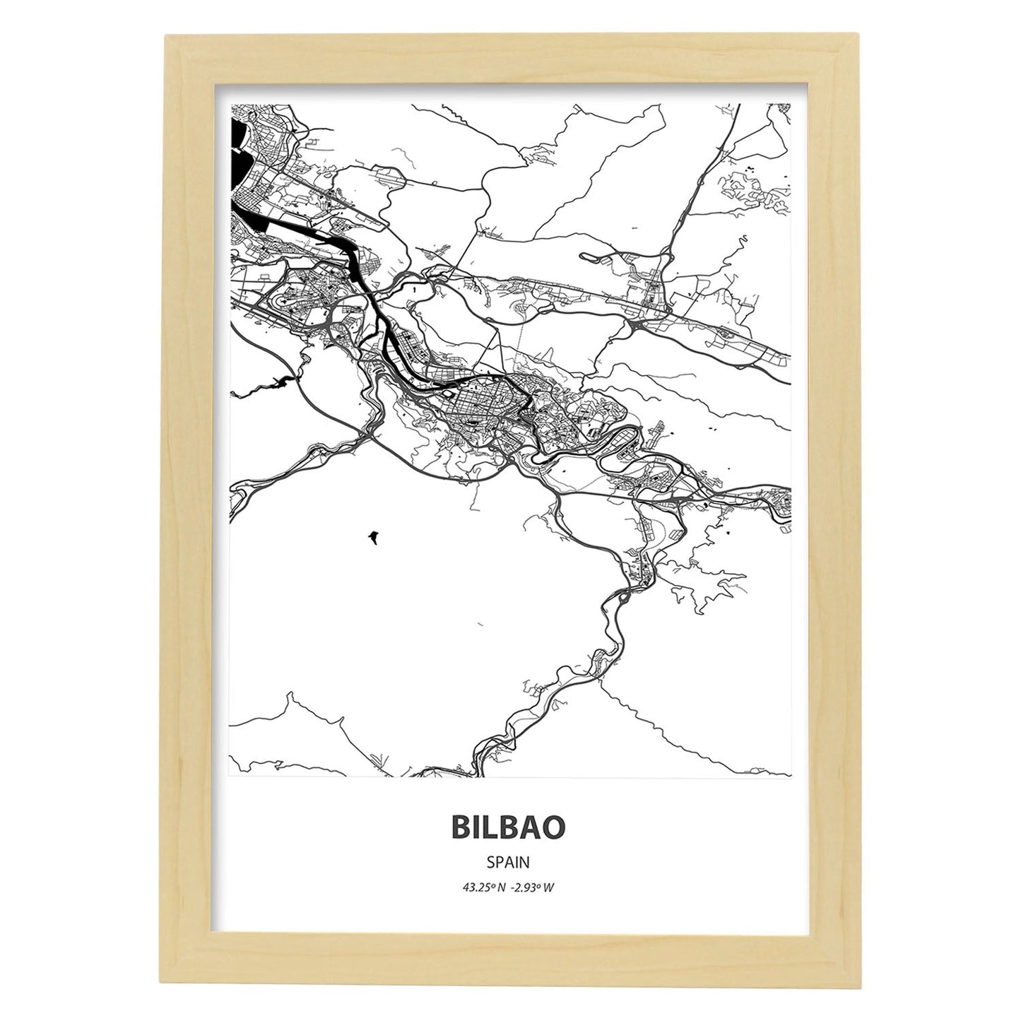 Poster con mapa de Bilbao - España. Láminas de ciudades de España con mares y ríos en color negro.-Artwork-Nacnic-A3-Marco Madera clara-Nacnic Estudio SL