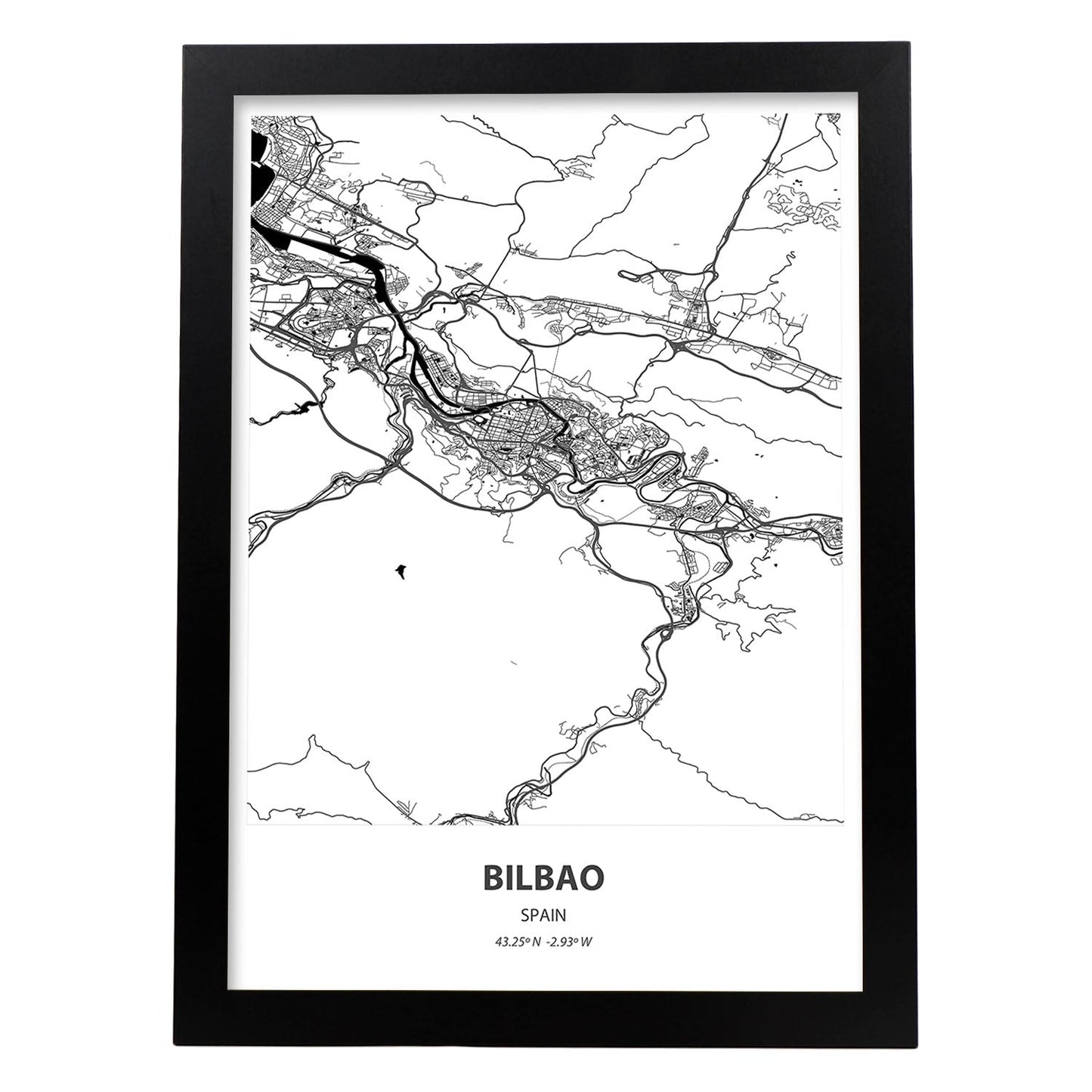Poster con mapa de Bilbao - España. Láminas de ciudades de España con mares y ríos en color negro.-Artwork-Nacnic-A3-Marco Negro-Nacnic Estudio SL