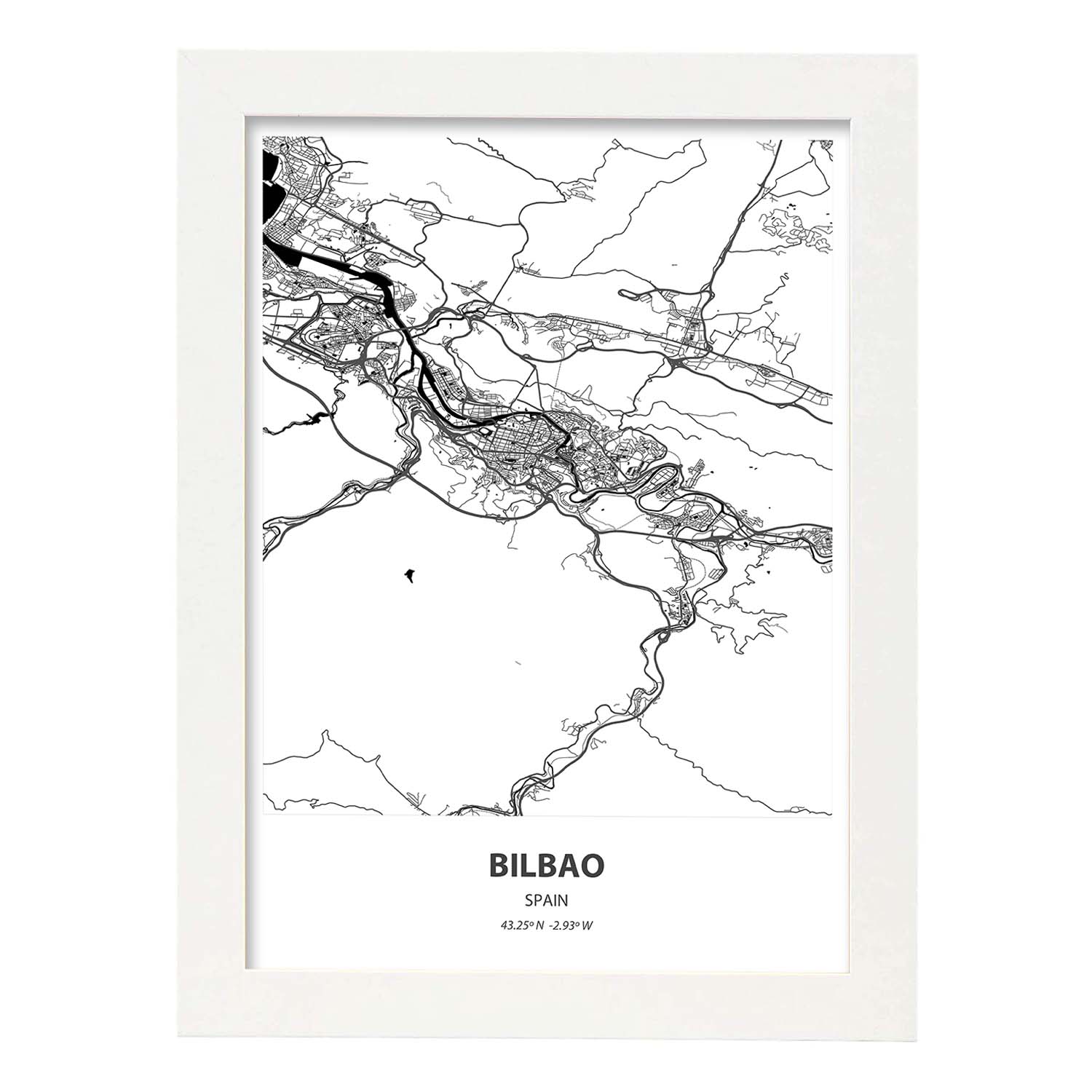 Poster con mapa de Bilbao - España. Láminas de ciudades de España con mares y ríos en color negro.-Artwork-Nacnic-A4-Marco Blanco-Nacnic Estudio SL