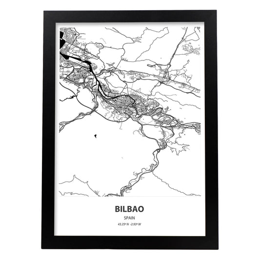 Poster con mapa de Bilbao - España. Láminas de ciudades de España con mares y ríos en color negro.-Artwork-Nacnic-A4-Marco Negro-Nacnic Estudio SL