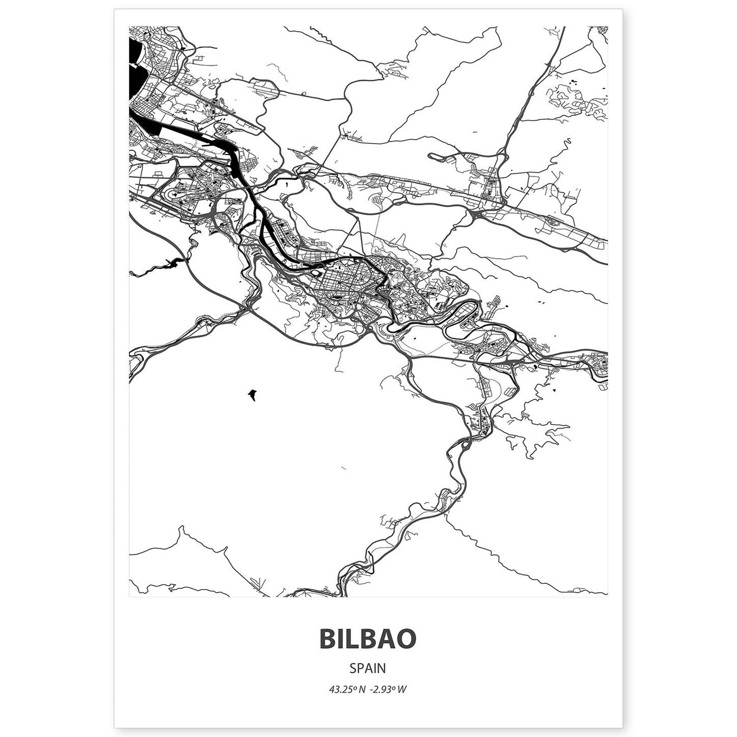Poster con mapa de Bilbao - España. Láminas de ciudades de España con mares y ríos en color negro.-Artwork-Nacnic-A4-Sin marco-Nacnic Estudio SL